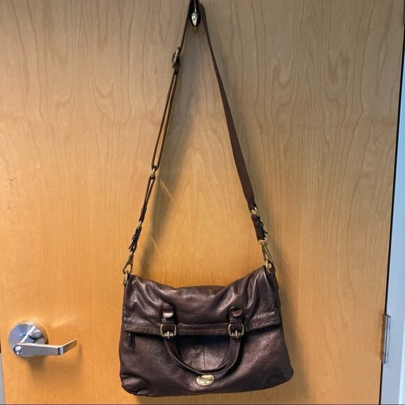 Fossil Handbags - FOSSIL Large Tote Leather With Metallic Sheen Vintage Fabric  Strap Y2K